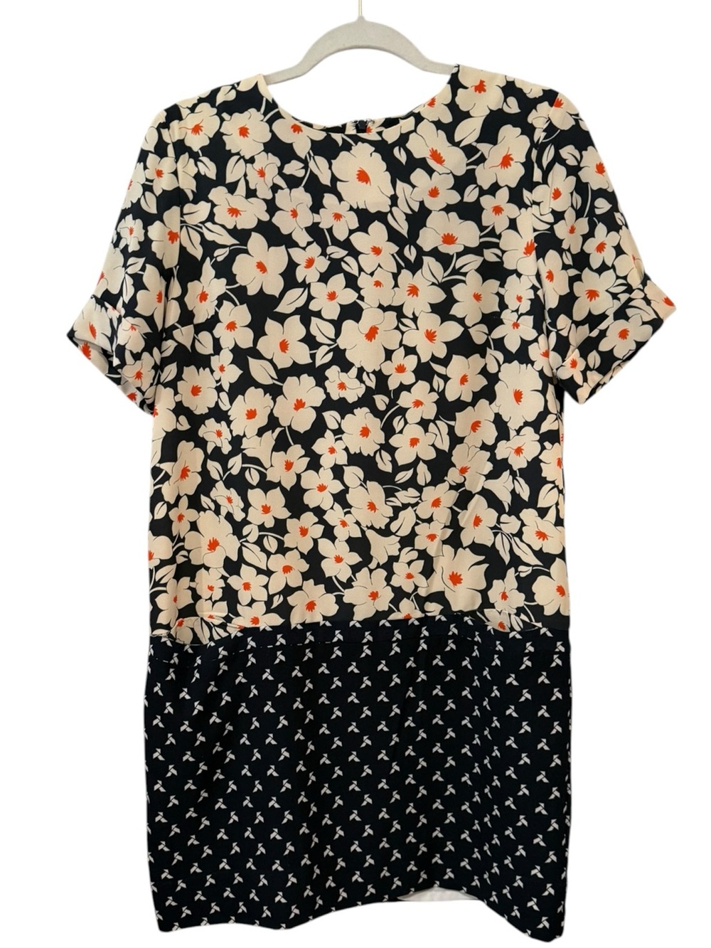 Jaspal Large Navy Cream Orange Floral Shift Dress Short Sleeve Pockets